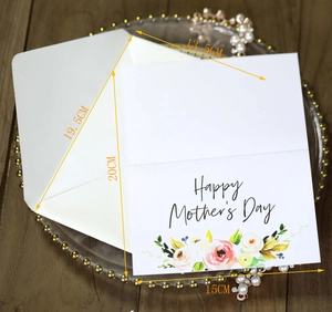 Macro detail of Mother's Day floral card with Happy Mother's Day text and white envelope