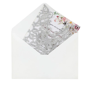 Elegant silver glitter laser cut butterfly wedding invitation set with envelope and floral card