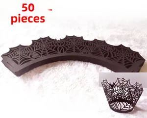 Detailed laser-cut spider web pattern on 50-pack matte black Halloween cupcake wrappers