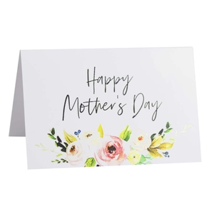 Close-up of a Mother's Day card with colorful flower illustrations and Happy Mother's Day text