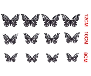 Detailed size guide showing 12cm, 10cm, and 8cm black hollow 3D butterfly wall stickers