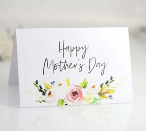 Elegant Happy Mother's Day folding card with pink watercolor floral design on white cardstock