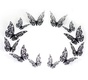 Set of 12 black 3D laser-cut butterfly wall stickers with intricate hollow patterns