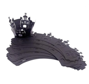 Laser-cut black Halloween cupcake wrappers featuring spooky castle and gothic architecture