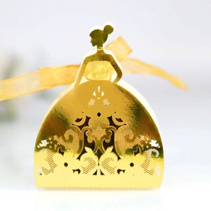 Laser cut hollow princess dress candy box in shiny gold with champagne ribbon