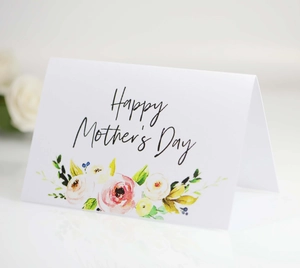 Detailed view of white Happy Mother's Day greeting card with floral illustration decoration