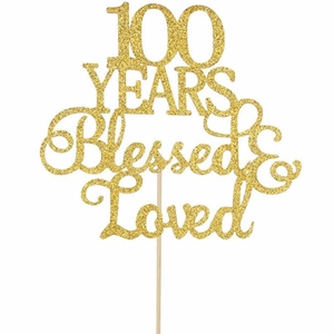 Glitter gold 100 Years Blessed & Loved cake topper with wooden stick for birthday party