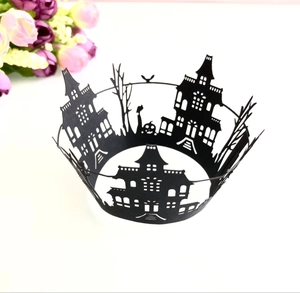 Laser cut black paper cupcake liners with Halloween castle and pumpkin pattern