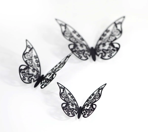 3D black laser-cut hollow butterfly wall stickers with intricate lace patterns set of 3