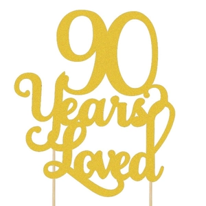 Golden glitter 90 Years Loved birthday cake topper with wooden sticks for 90th anniversary