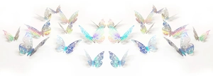Macro view of 3D hollow butterfly wall stickers with iridescent laser metallic texture