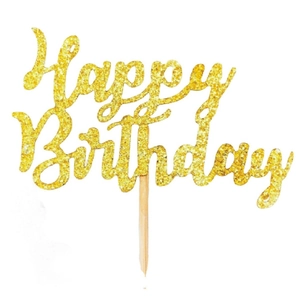 Golden glitter Happy Birthday cake topper with wooden stick for birthday party decoration