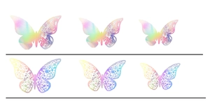 Detailed macro view of 3D double-layered laser hollow butterfly wall stickers in rainbow colors