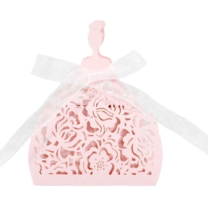 Elegant laser-cut pink princess dress candy box with rose pattern and white ribbon