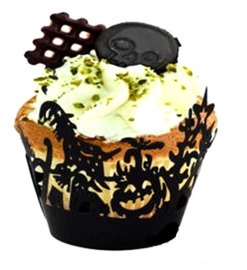Halloween cupcake liners with laser-cut black pumpkin, ghost, and witch silhouettes
