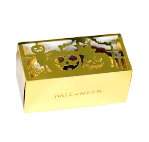Golden Halloween laser-cut gift box with pumpkin and bat patterns for holiday candies