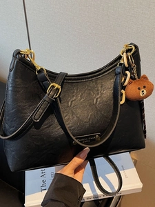 Retro PU Leather Large Capacity Hobo Bag For Women Vintage Stitching Shoulder Commuter Crossbody Bag With Bear Charm
