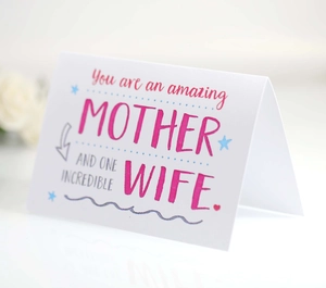 Detail of Mother's Day card with rose pink lettering and heartfelt gratitude text