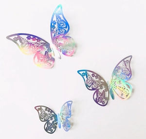 Macro detail of laser-cut rainbow gradient hollow butterfly wall stickers set