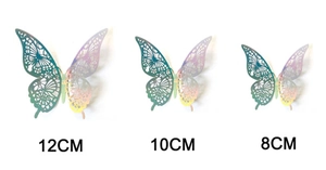 Detailed view of 3D gradient butterfly wall stickers in 12cm, 10cm, and 8cm sizes