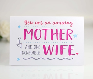 Detail of white Mother's Day card with pink and blue text for amazing mother and wife