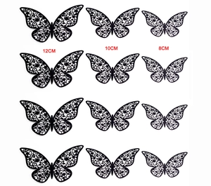 Set of 12 black 3D hollow butterfly wall stickers in sizes 12cm, 10cm, and 8cm
