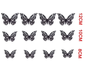 Set of 12 black 3D hollow laser-cut butterfly wall decals in three different sizes