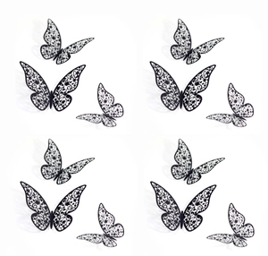 3D hollow black butterfly wall stickers with intricate floral cutout patterns for home decor