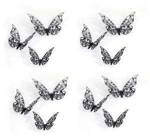 Set of 12 3D black hollow butterfly wall stickers with intricate filigree cut-out design