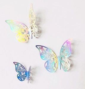3D hollow laser silver butterfly wall stickers with colorful gradient floral patterns