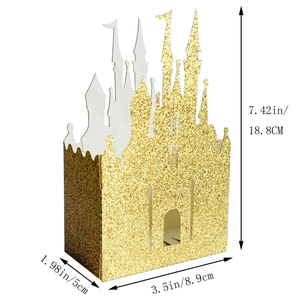Gold glitzernde Schloss-Bonbonschachtel für Hochzeiten mit Maßen von 18,8 x 8,9 x 5 Zentimetern
