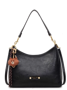 Retro black faux leather shoulder bag with textured finish and cute bear charm detail