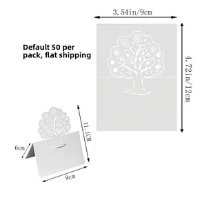Flat and folded laser-cut tree place card with white rose hollow design details