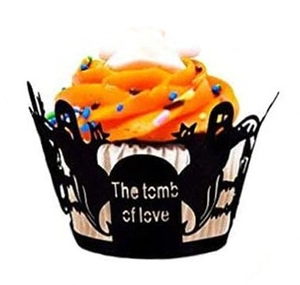 Detail of Halloween cupcake wrapper with black laser-cut ghost and tombstone designs