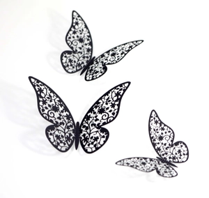 3D hollow black butterfly wall stickers with intricate laser-cut floral patterns for decor