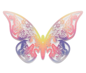 Detail of 3D paper butterfly with hollow laser-cut floral patterns and colorful gradient
