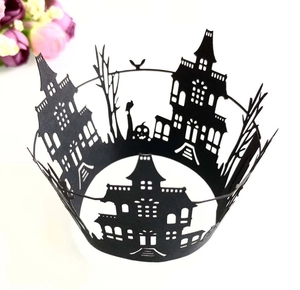 Pirottini per cupcake Halloween con castello e zucca tagliati al laser in nero