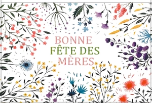 Macro shot of colorful floral embroidery patterns with French Mother's Day greeting text