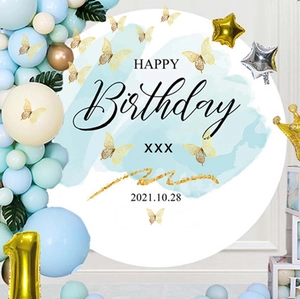 Custom round birthday backdrop with golden 3D butterflies and soft blue watercolor art