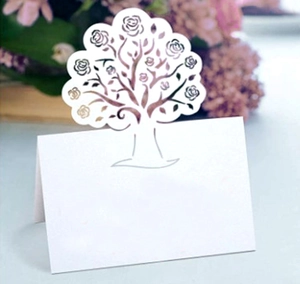 Laser cut white tree place card with rose details for wedding table setting decor
