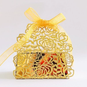 Laser Cut Rose Flower Candy Box Glitter Paper Ribbon Bow Gift Box For Wedding Valentine's Party favor Box