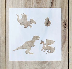 Translucent PET dinosaur stencils for kids painting featuring T-Rex and dragon patterns