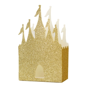 Detailansicht der glitzernden goldenen Schloss-Bonbonschachtel mit glitzernder Papierstruktur