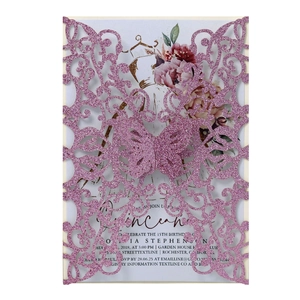 Laser cut butterfly Quinceañera invitation in pink glitter finish with dress detail