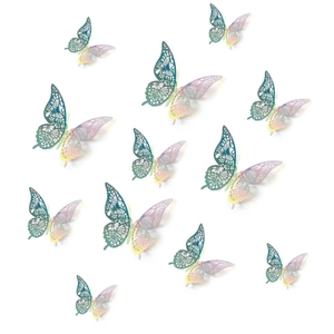 Set of 12 3D hollow butterfly wall decals with vibrant gradient colors and laser cut design