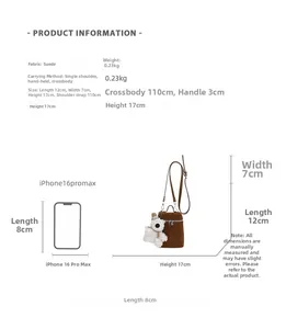 Size comparison of dark brown frosted bucket bag with iPhone 16 Pro Max