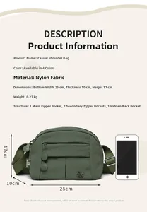 Macro view showing green nylon crossbody bag dimensions 25x10x17cm with multiple zipper pockets