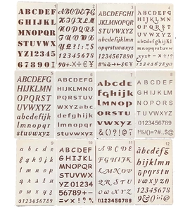Macro shot of 12 translucent PET alphabet and number stencils for DIY painting and journaling