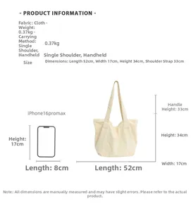Detailed size specifications for large cream canvas tote bag with dimensions comparison
