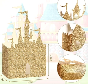 Detailansicht der glitzernden goldenen Schloss-Geschenkbox mit Maßen 3,5 x 2,8 x 2 Zoll für Partys